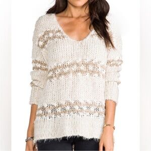 Free People Cream and Tan V-Neck Sweater